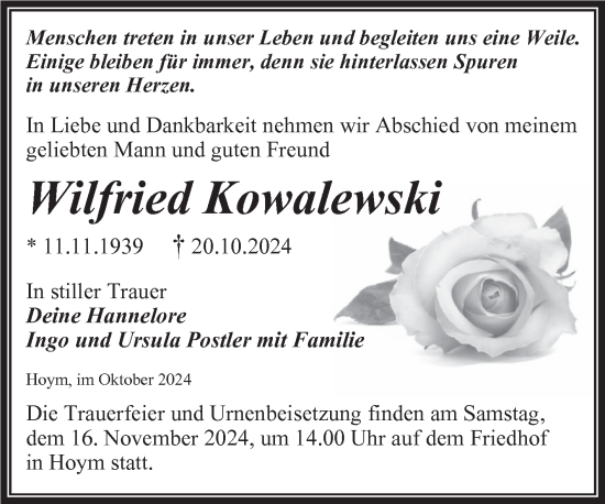 Traueranzeige von Wilfried Kowalewski von Trauerkombi Aschersleben