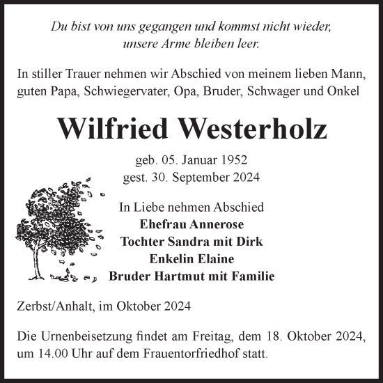 Traueranzeige von Wilfried Westerholz von Volksstimme Zerbst