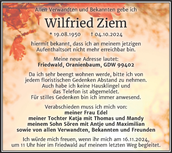 Traueranzeige von Wilfried Ziem von Trauerkombi Dessau