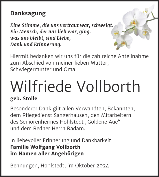 Traueranzeige von Wilfriede Vollborth von Trauerkombi Sangerhausen
