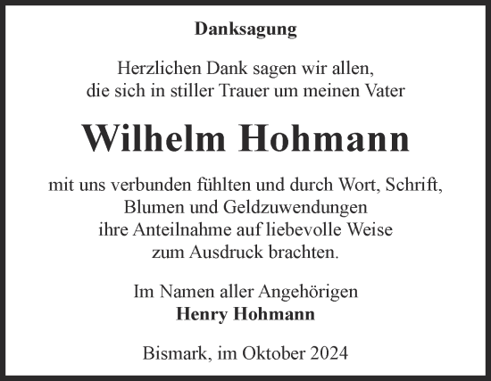 Traueranzeige von Wilhelm Hohmann von Volksstimme Altmark Ost