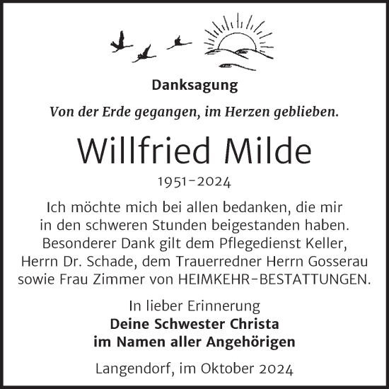 Traueranzeige von Willfried Milde von Trauerkombi Weißenfels