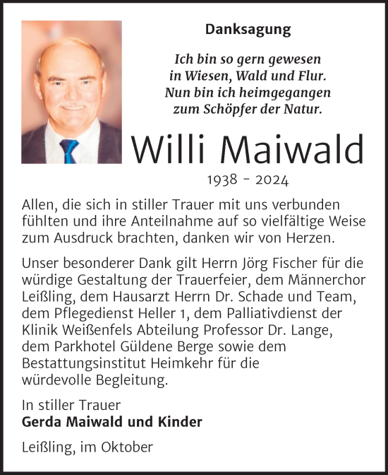 Traueranzeige von Willi Maiwald von Trauerkombi Weißenfels