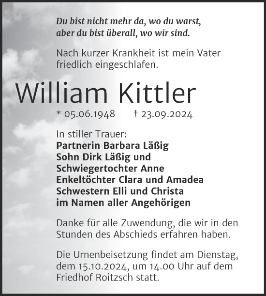 Traueranzeige von William Kittler von Mitteldeutsche Zeitung Bitterfeld