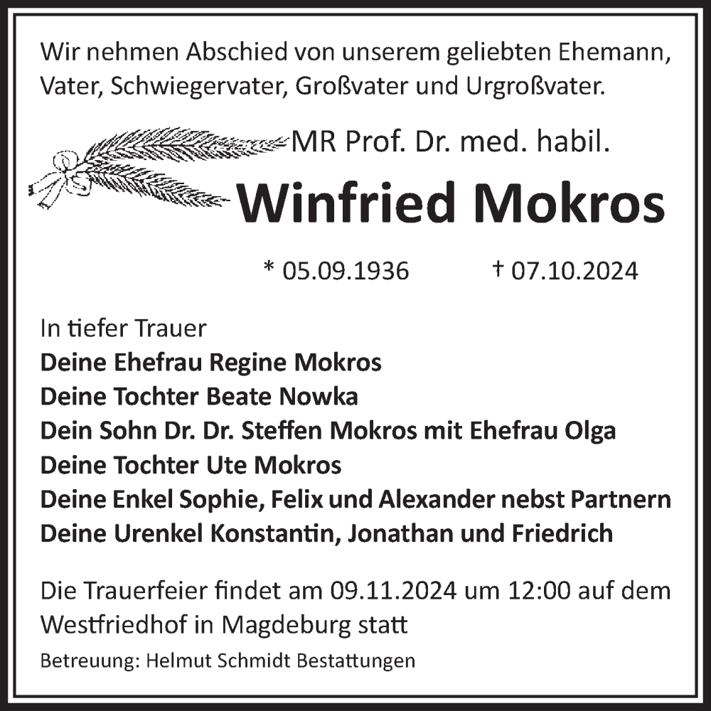  Traueranzeige für Winfried Mokros vom 19.10.2024 aus Volksstimme Magdeburg