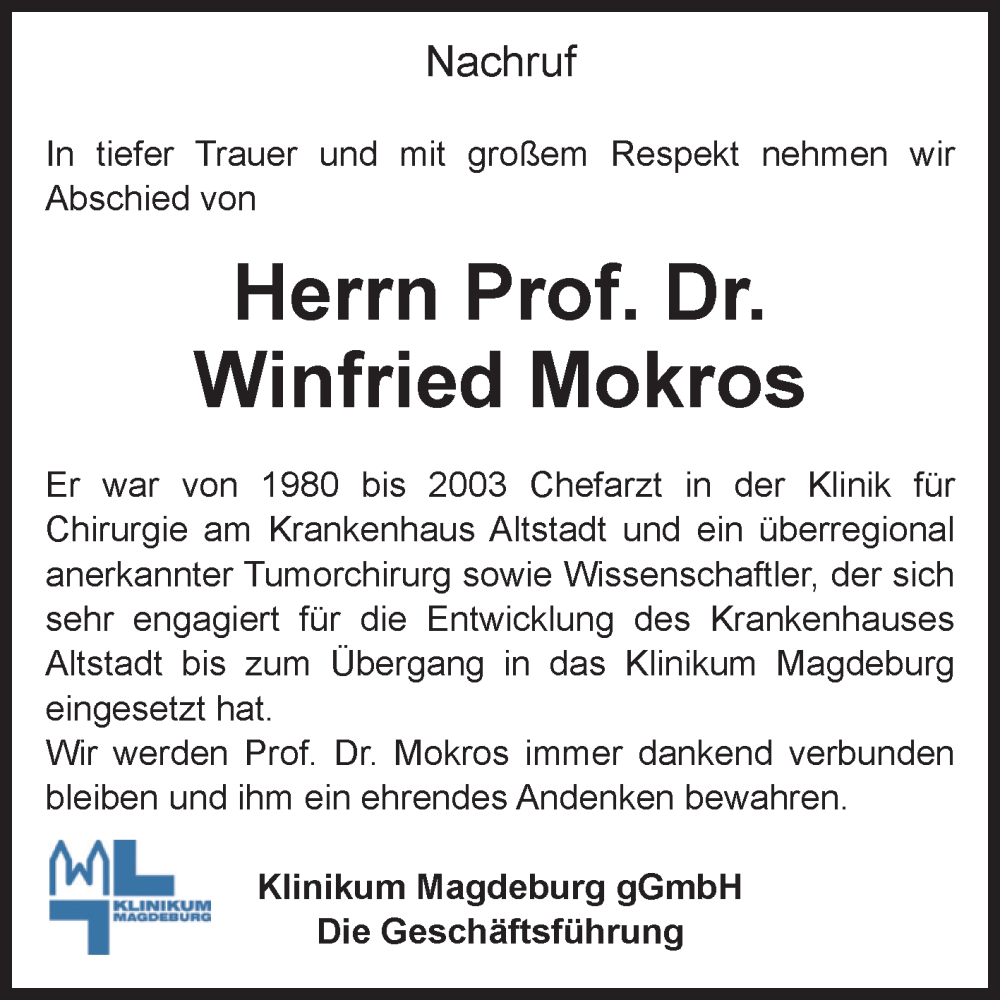  Traueranzeige für Winfried Mokros vom 19.10.2024 aus Volksstimme Magdeburg