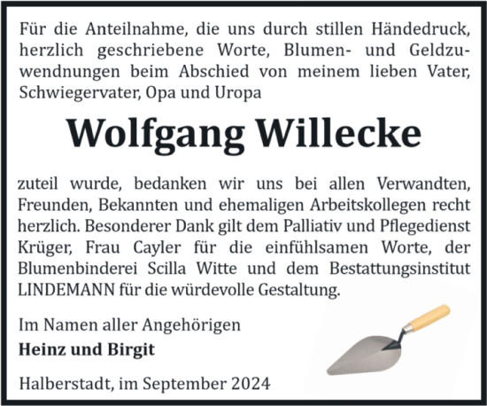 Traueranzeige von Wofgang Willecke von Volksstimme Halberstadt
