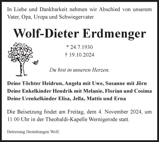 Traueranzeige von Wolf-Dieter Erdmenger von Volksstimme Wernigerode