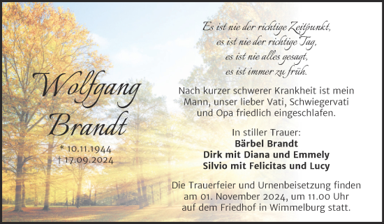 Traueranzeige von Wolfgang Brandt von Trauerkombi Mansfelder Land