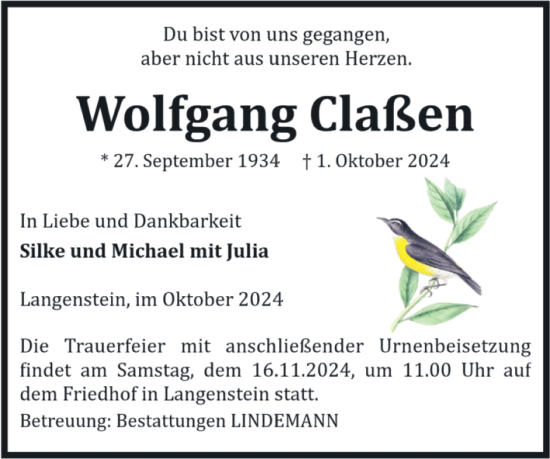 Traueranzeige von Wolfgang Claßen von Volksstimme Halberstadt
