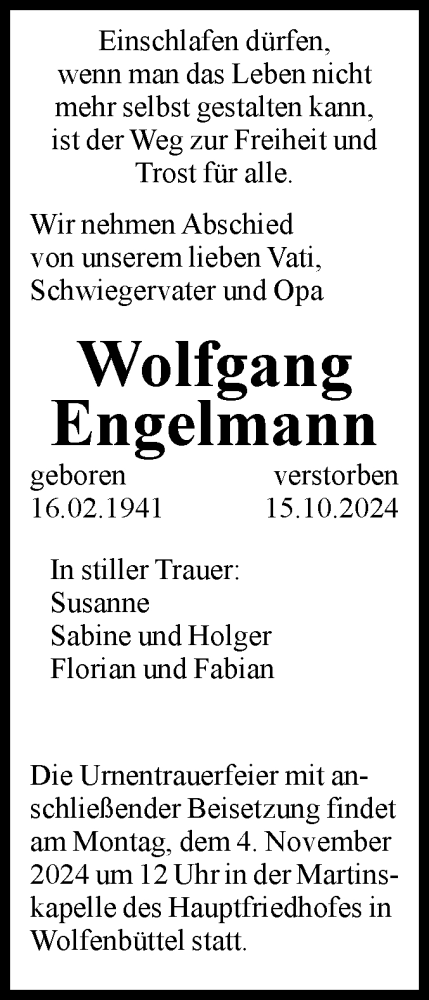 Traueranzeige von Wolfgang Engelmann von Volksstimme Haldensleben/Wolmirstedt