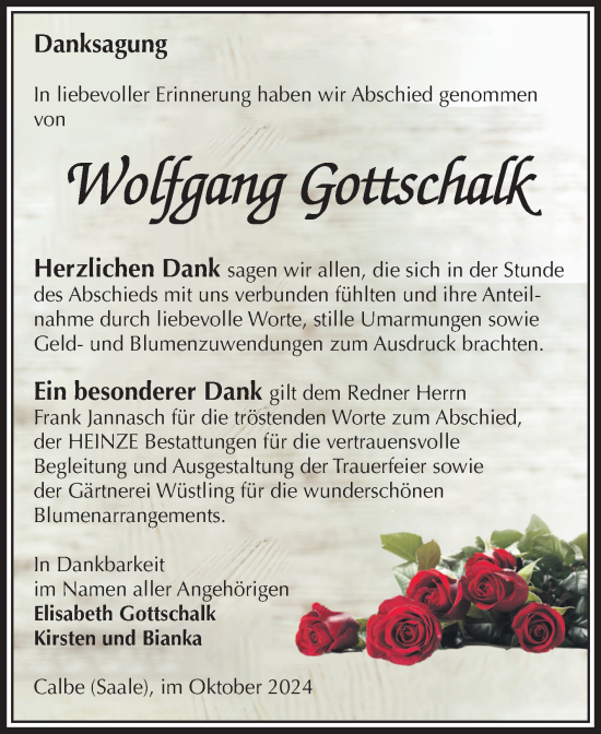 Traueranzeige von Wolfgang Gottschalk von Volksstimme Schönebeck