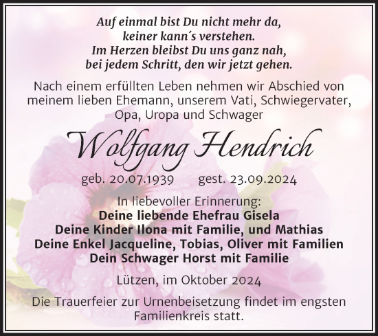 Traueranzeige von Wolfgang Hendrich von Trauerkombi Weißenfels