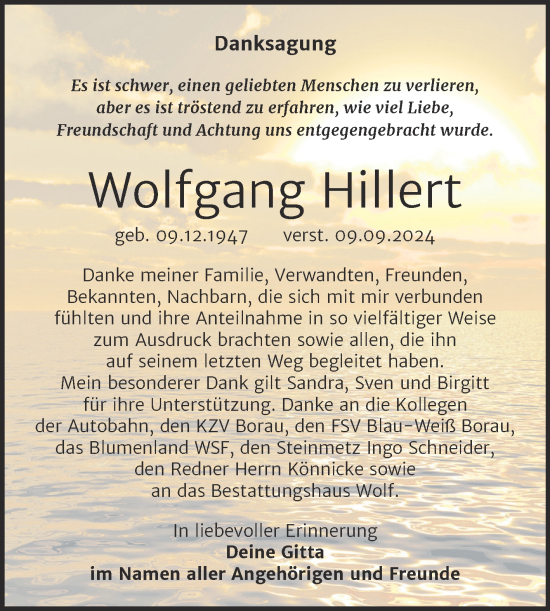 Traueranzeige von Wolfgang Hillert von Trauerkombi Weißenfels