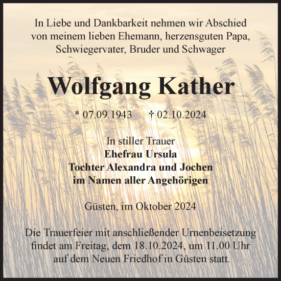 Traueranzeige von Wolfgang Kather von Volksstimme Staßfurt