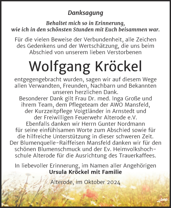 Traueranzeige von Wolfgang Kröckel von Trauerkombi Mansfelder Land