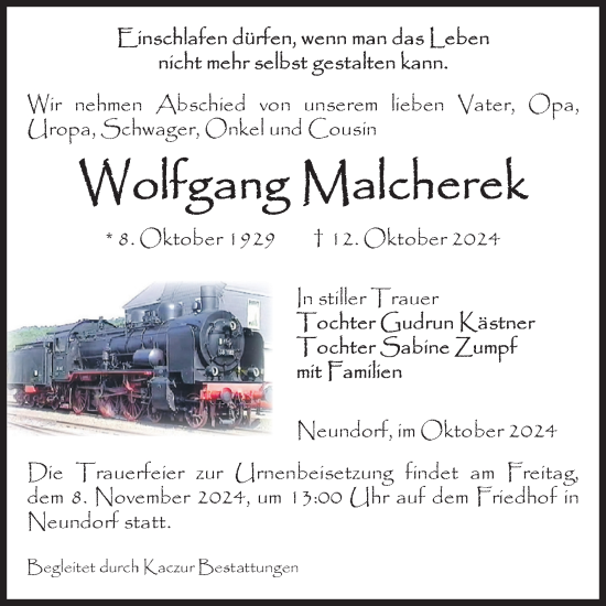 Traueranzeige von Wolfgang Malcherek von Volksstimme Staßfurt