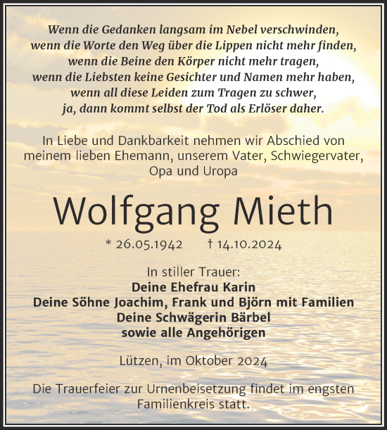 Traueranzeige von Wolfgang Mieth von Trauerkombi Weißenfels