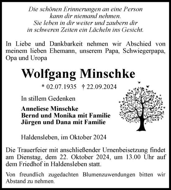 Traueranzeige von Wolfgang Minschke von Volksstimme Haldensleben/Wolmirstedt
