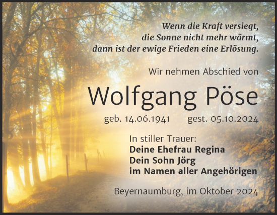 Traueranzeige von Wolfgang Pöse von Trauerkombi Sangerhausen