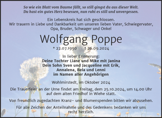 Traueranzeige von Wolfgang Poppe von Naumburger Tageblatt