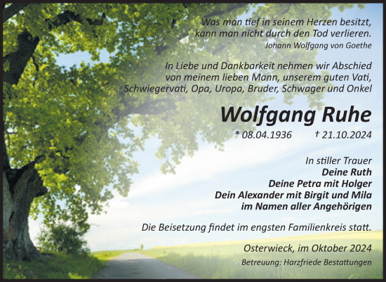 Traueranzeige von Wolfgang Ruhe von Volksstimme Halberstadt