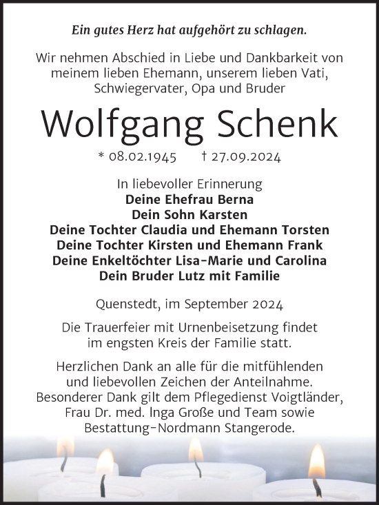 Traueranzeige von Wolfgang Schenk von Trauerkombi Mansfelder Land