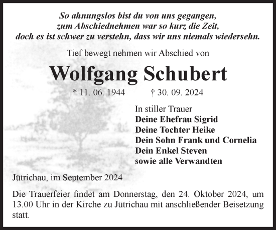 Traueranzeige von Wolfgang Schubert von Volksstimme Zerbst