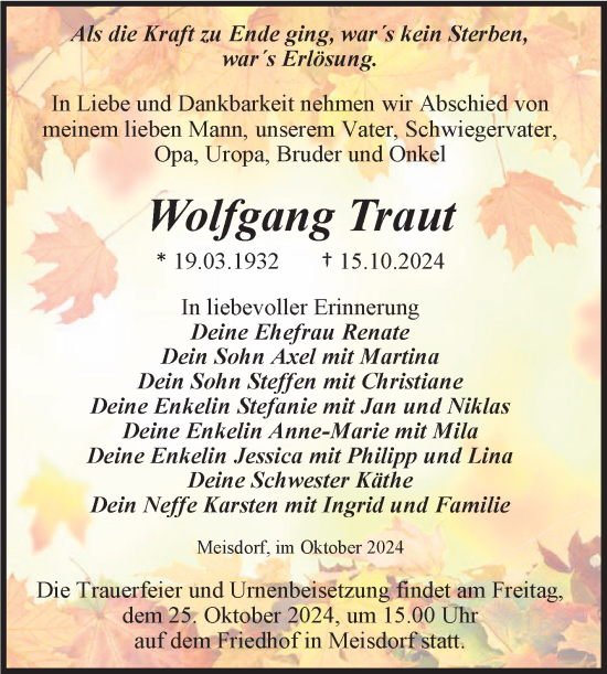 Traueranzeige von Wolfgang Traut von Trauerkombi Quedlinburg