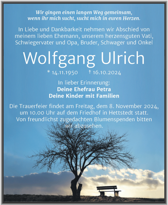 Traueranzeige von Wolfgang Ulrich von Trauerkombi Mansfelder Land