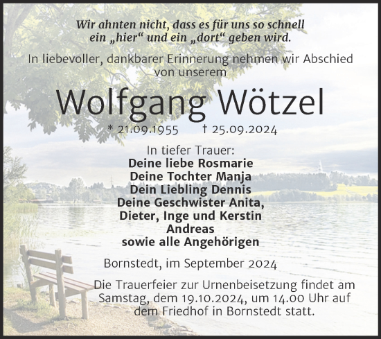 Traueranzeige von Wolfgang Wötzel von Trauerkombi Mansfelder Land