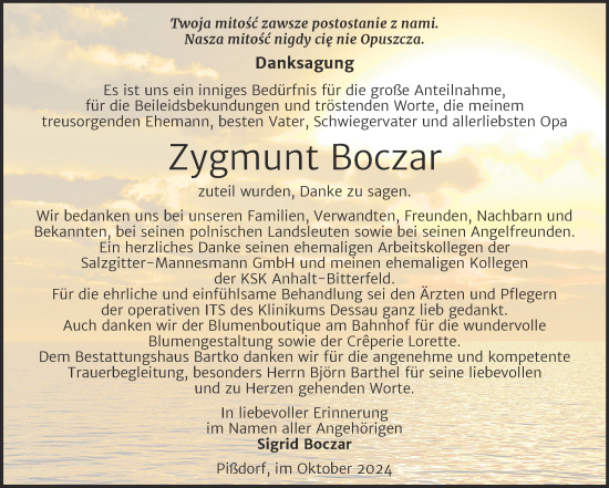 Traueranzeige von Zygmunt Boczar von Trauerkombi Köthen