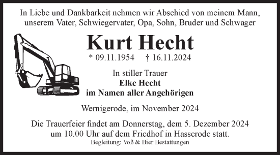 Traueranzeige von Kurt Hecht von Volksstimme Wernigerode