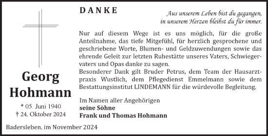 Traueranzeige von Georg Hohmann von Volksstimme Halberstadt