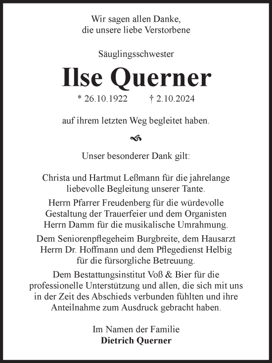 Traueranzeige von Ilse Querner von Volksstimme Wernigerode