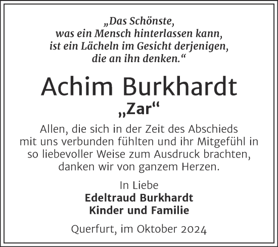 Traueranzeige von Achim Burkhardt von Trauerkombi Merseburg