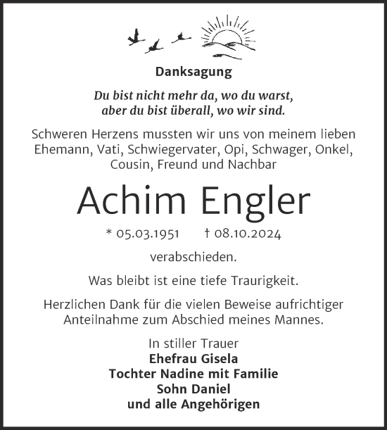 Traueranzeige von Achim Engler von Trauerkombi Wittenberg