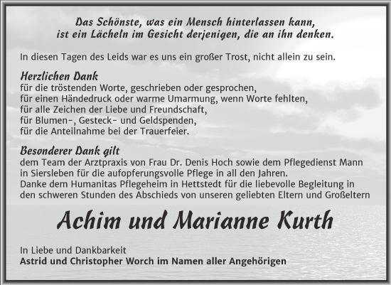 Traueranzeige von Achim Kurth von Trauerkombi Mansfelder Land
