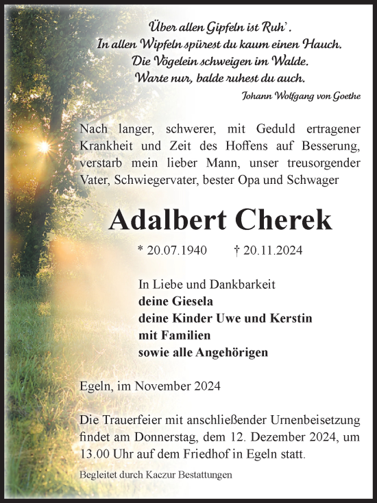 Traueranzeige von Adalbert Cherek von Volksstimme Staßfurt