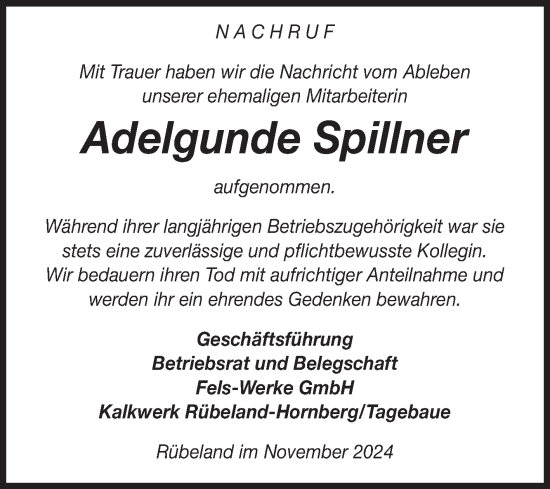 Traueranzeige von Adelgunde Spillner von Volksstimme Wernigerode