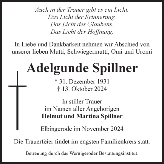 Traueranzeige von Adelgunde Spillner von Volksstimme Wernigerode