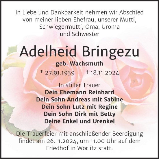 Traueranzeige von Adelheid Bringezu von Trauerkombi Wittenberg