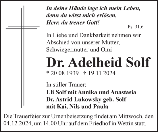 Traueranzeige von Adelheid Solf 