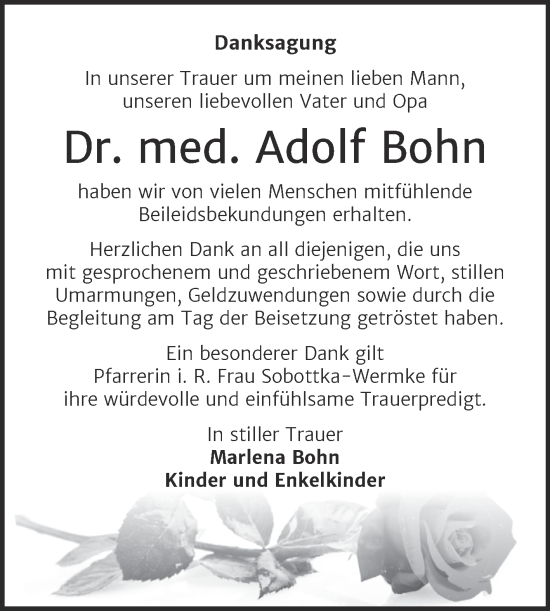 Traueranzeige von Adolf Bohn von Naumburger Tageblatt