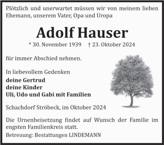 Traueranzeige von Adolf Hauser von Volksstimme Halberstadt
