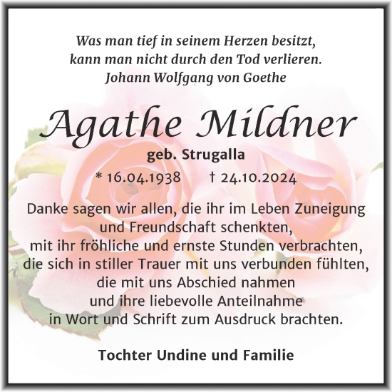 Traueranzeige von Agathe Mildner von Trauerkombi Mansfelder Land