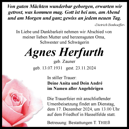 Traueranzeige von Agnes Herfurth von Volksstimme Wernigerode
