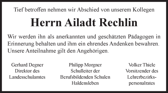 Traueranzeige von Ailadt Rechlin von Volksstimme Haldensleben/Wolmirstedt