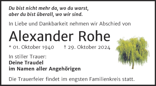 Traueranzeige von Alexander Rohe von Trauerkombi Dessau