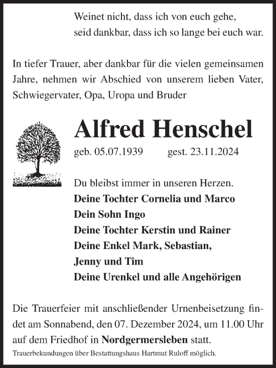 Traueranzeige von Alfred Henschel von Volksstimme Haldensleben/Wolmirstedt
